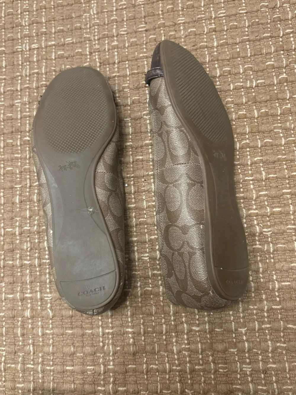Coach Brown Logo Ballet Flats with Black Cap Toe and Gold Accent